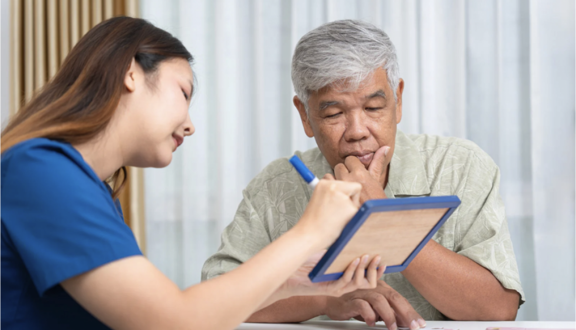 doctor and older Asian man reviewing cognitive results on tablet