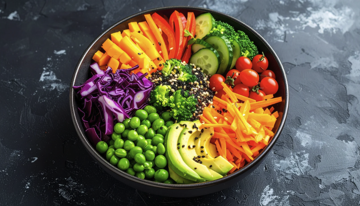 A bowl of colorful, healthy fruits and vegetables