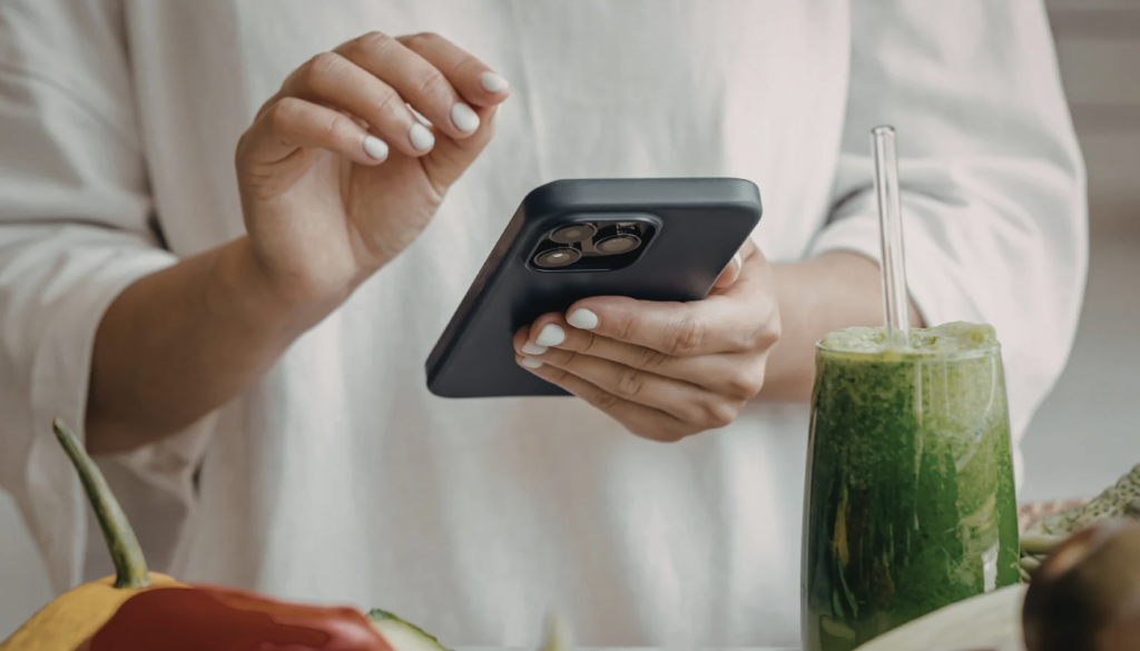 Woman logging meal on her smartphone
