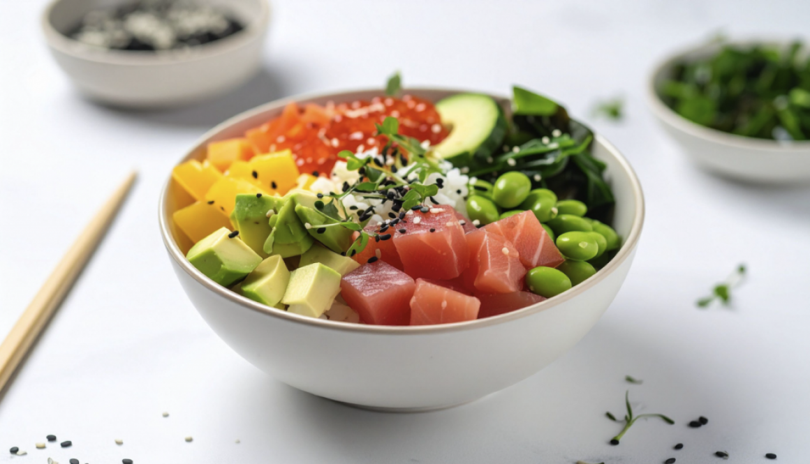 Bowl containing ahi tuna, avocado, quinoa, vegetables