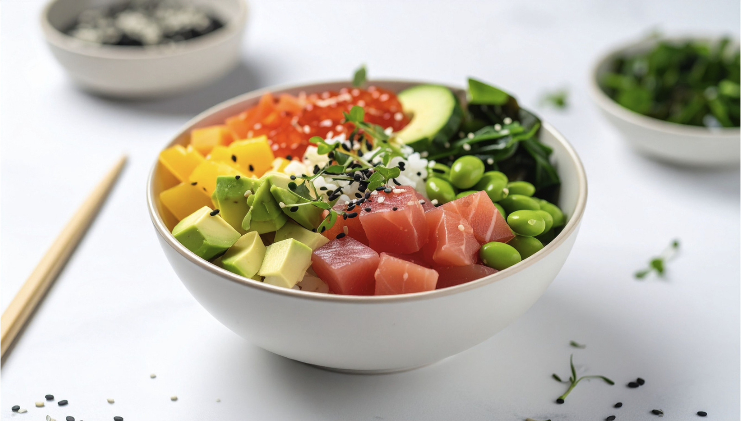 Bowl containing ahi tuna, avocado, quinoa, vegetables