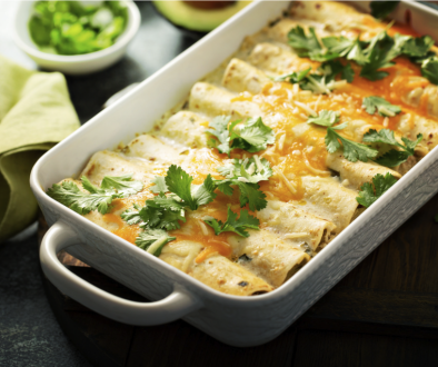 Dish containing vegetable enchiladas