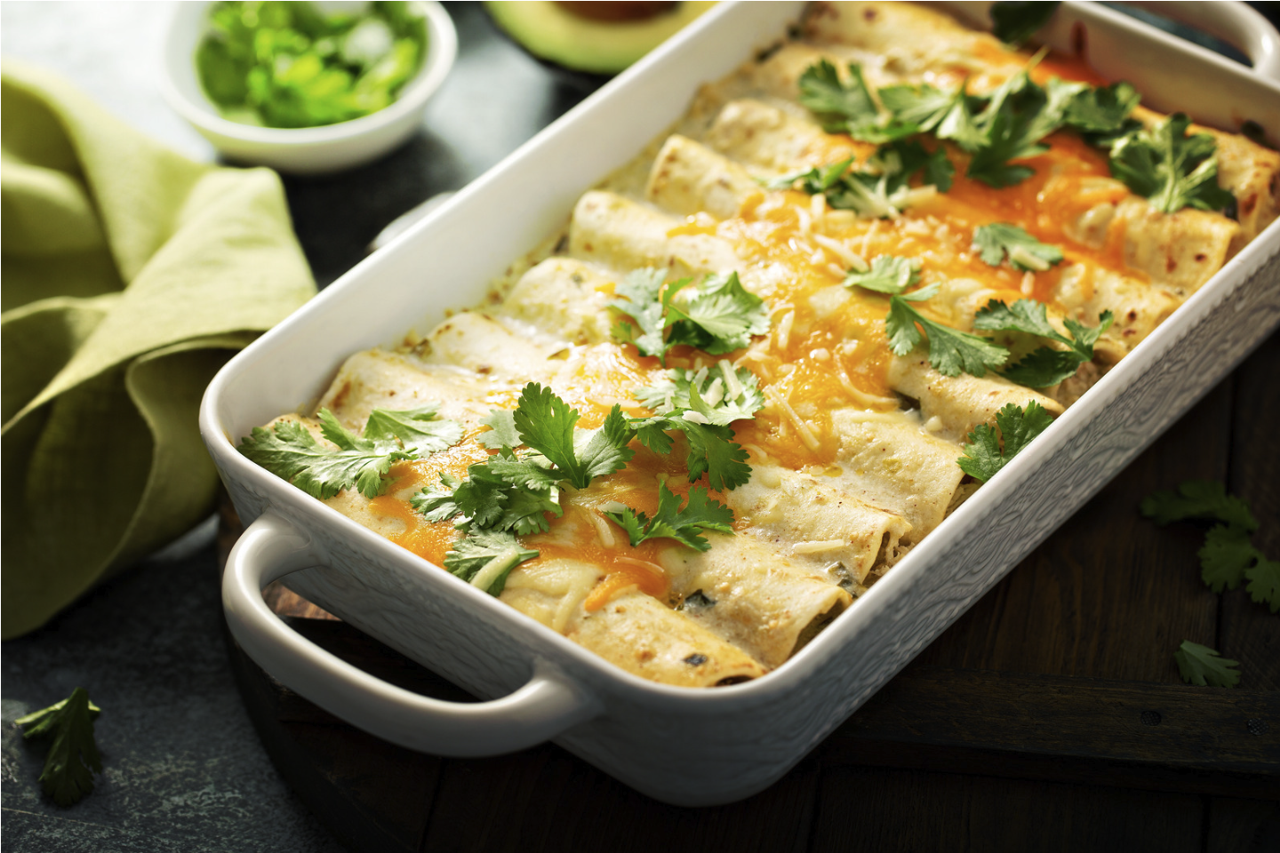 Dish containing vegetable enchiladas