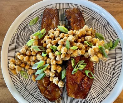 Plate of huli huli zucchini with crispy chickpeas