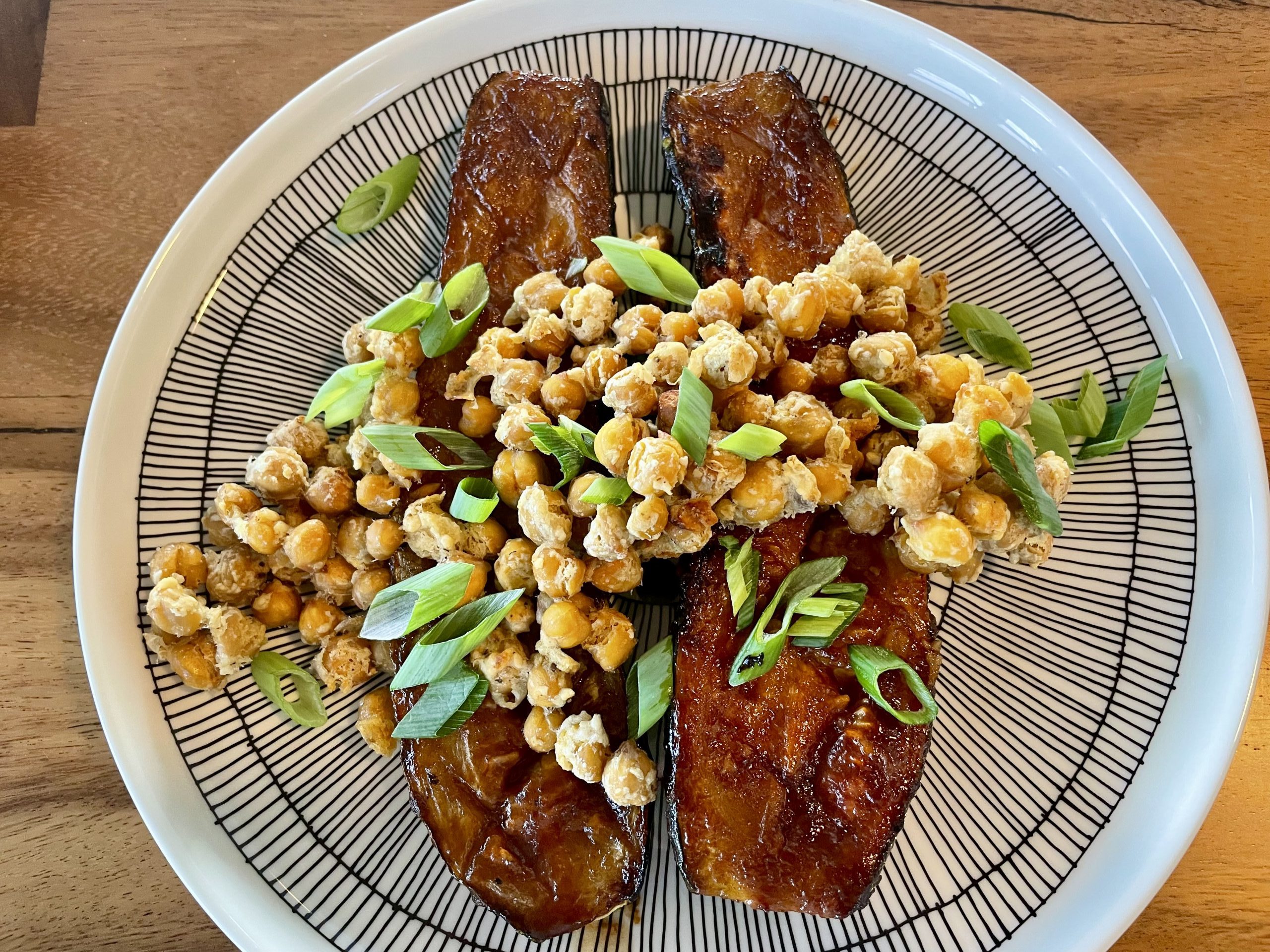 Plate of huli huli zucchini with crispy chickpeas